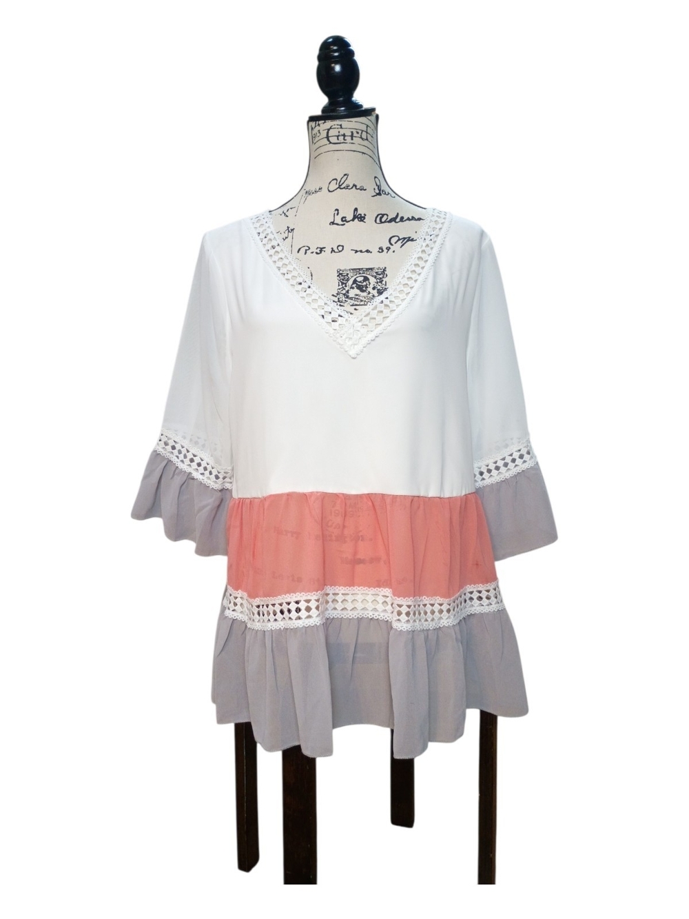 #1212 NWOT Boho Tiered V-Neck Tunic Top - White, Coral, Gray